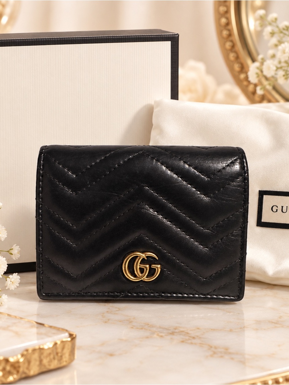 Gucci GG Marmont Black Matelassé Compact Wallet Full Set